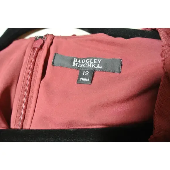New, Badgley Mischka Belted Embroidered Tulle Gown in Burgundy Size 12 #LD062